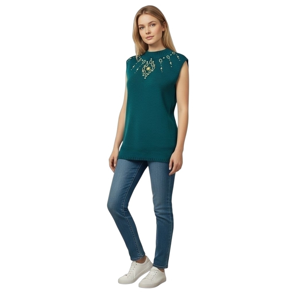 Vintage Womens M Sweater Embellished Ribbed Mock Neck Sleeveless Teal Longline